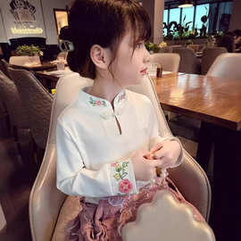 女童新中式盘扣立领上衣秋装2025新款女孩国风打底衫儿童长袖T恤