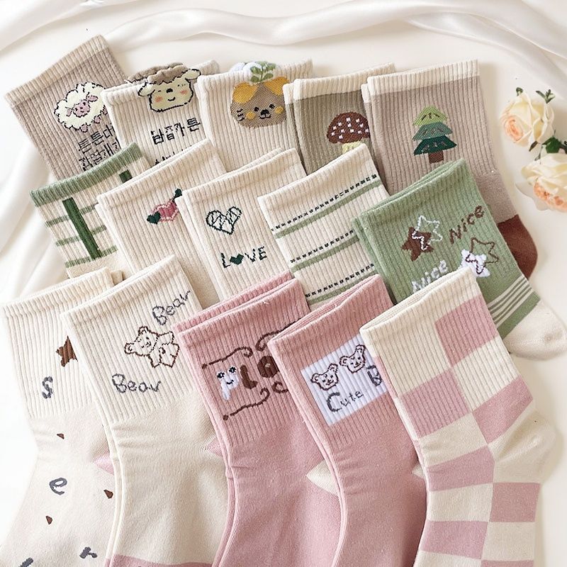 Autumn and Winter Socks Women's Mid-length Socks Light Color Korean Style Cartoon Fresh Ins All-match Dopamine High Color Value Stockings