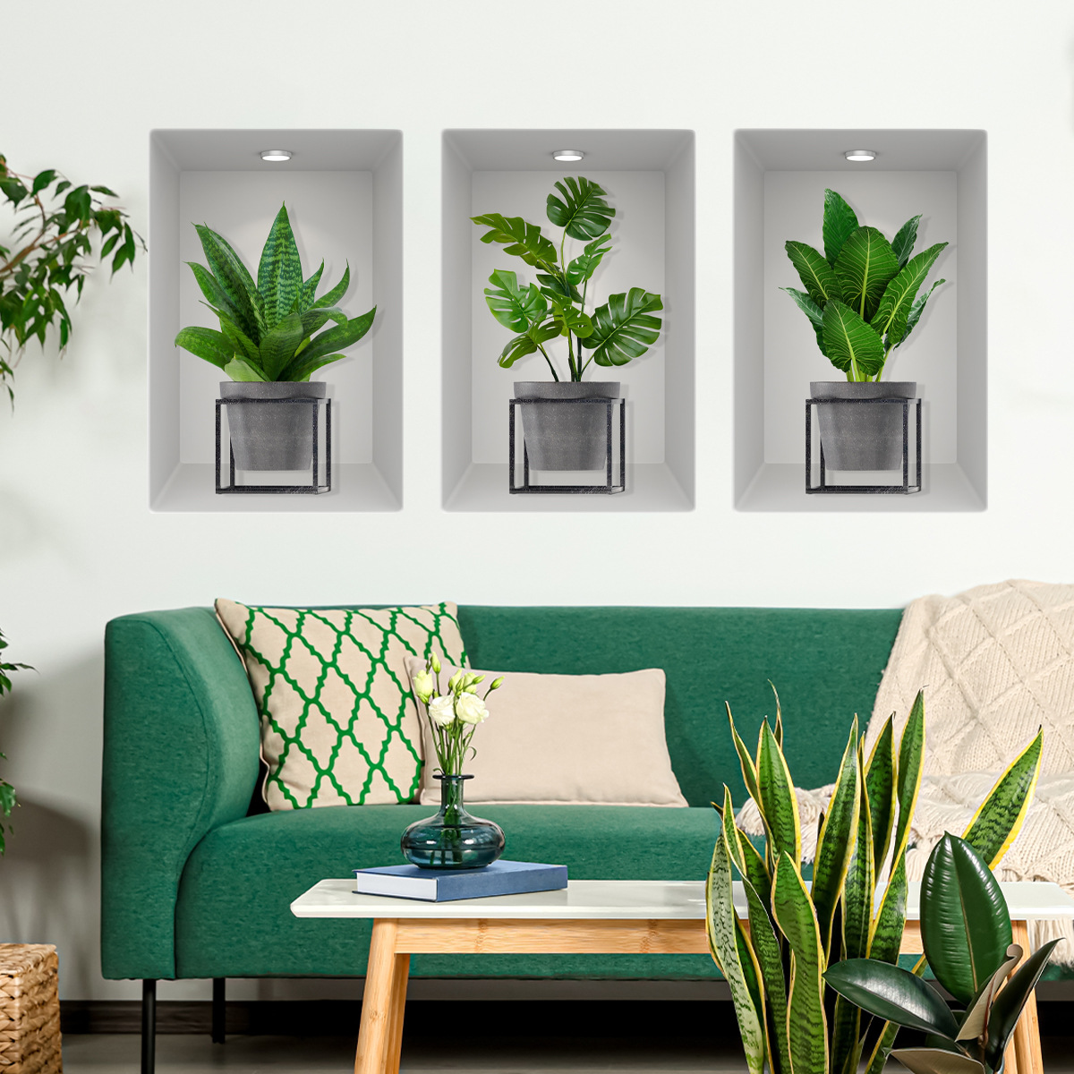 ATW2018 Potted Frame 3D Three-Dimensional Plant Triptych Wall Sticker For Living Room Bedroom Entrance Staircase Home_voghion.com