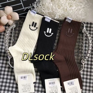 Korean Style Autumn and Winter Japanese Hot Stamping Smiley Face Socks with Fabric Label Decoration Long Tube Women's Socks Ins Trendy Versatile Fashion Mid-Tube
