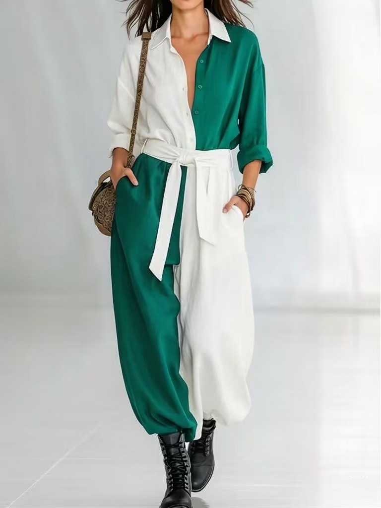 Damen Jumpsuit Mit Langarm Patchwork Und Gürtel Für Den Frühling_voghion.com