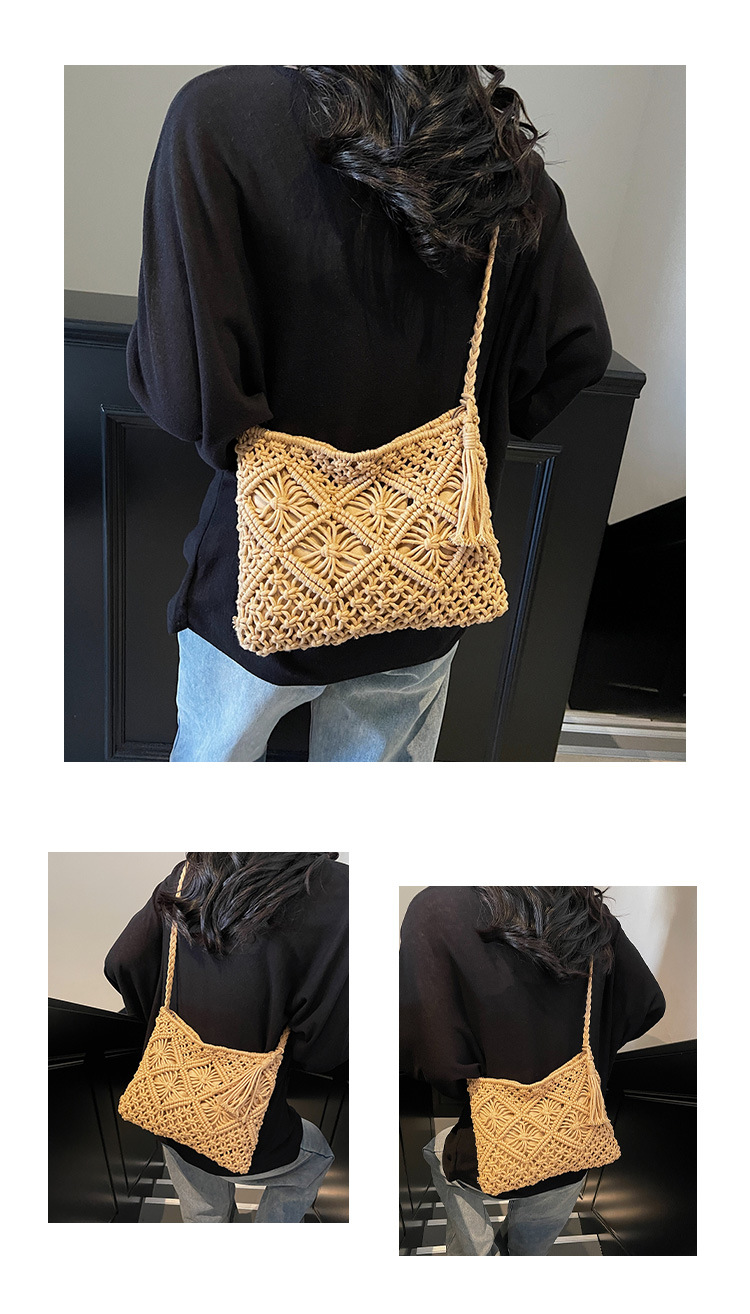177g Weight Polyester Cotton Lining Material Weave, Hollow Fashion Element Zipper Closure Type Single Shoulder Strap Strap Type Shoulder Bag Bags Type Casual Occasion cotton rope Material Solid Color Pattern All Seasons Season Women's Gender Vacation Style Square Shape Women's Cotton Rope Solid Color Vacation Weave Hollow Square Zipper Shoulder Bag 1