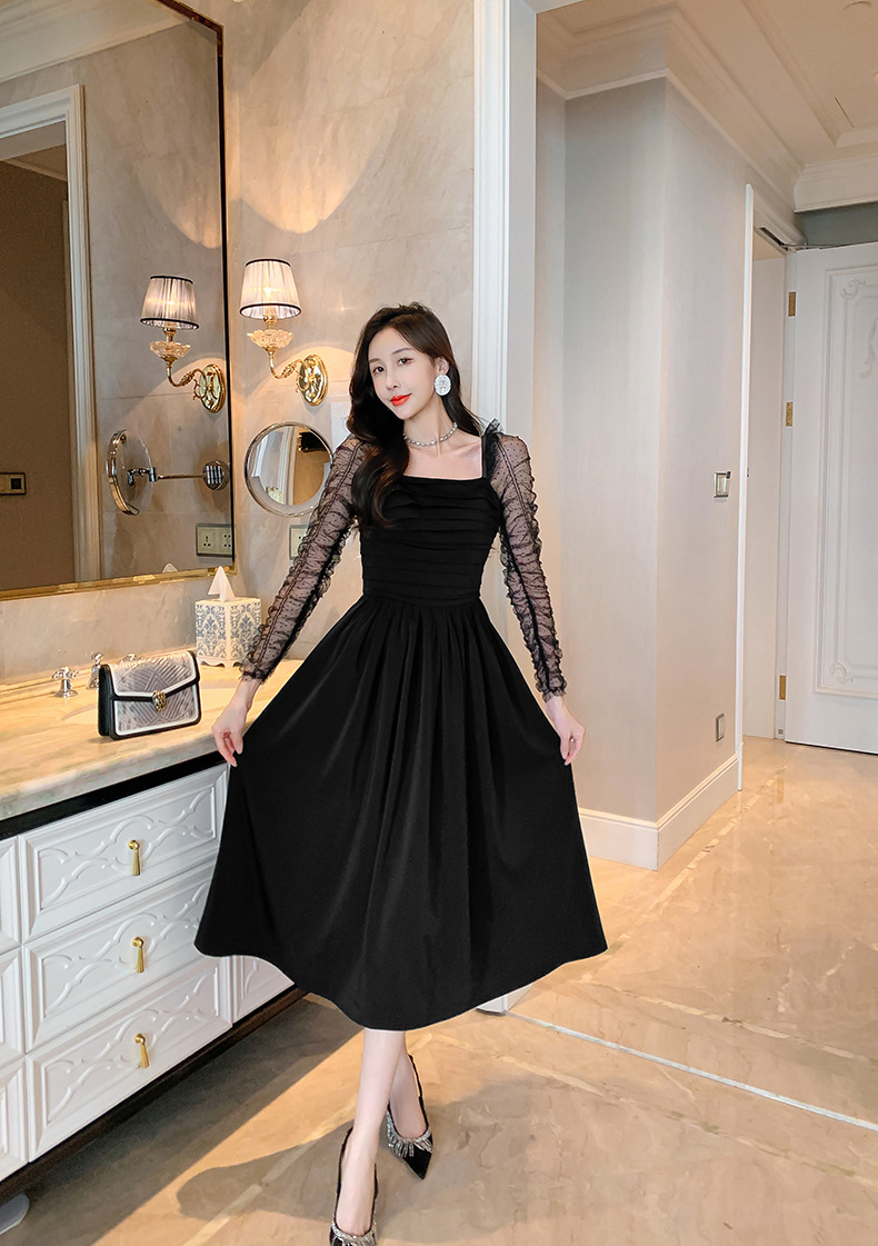 Váy đen ngắn kiểu Hepburn phối lưới tay bồng cổ vuông eo xếp ly — Màu đen chi tiết 23