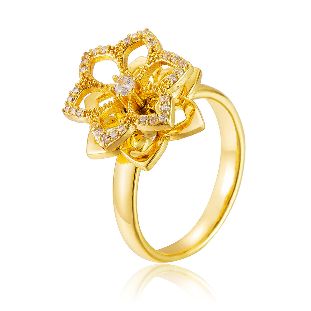 Cross-border Light Luxury Exquisite Copper Plated Real Gold Micro-inlaid Zircon Six-leaf Bauhinia Flower Rotating Adjustable Finger Ring for Women