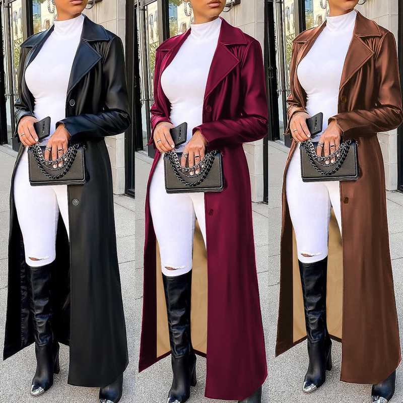 Ld2271 Autumn and Winter European and American Women's Cardigan Lapel Button Street Versatile Warm Trendyy Long Leather Jacket Ld2271 Autumn and Winter European and American Women's Cardigan Lapel Button Street Versatile Warm Trendyy Long Leather Jacket