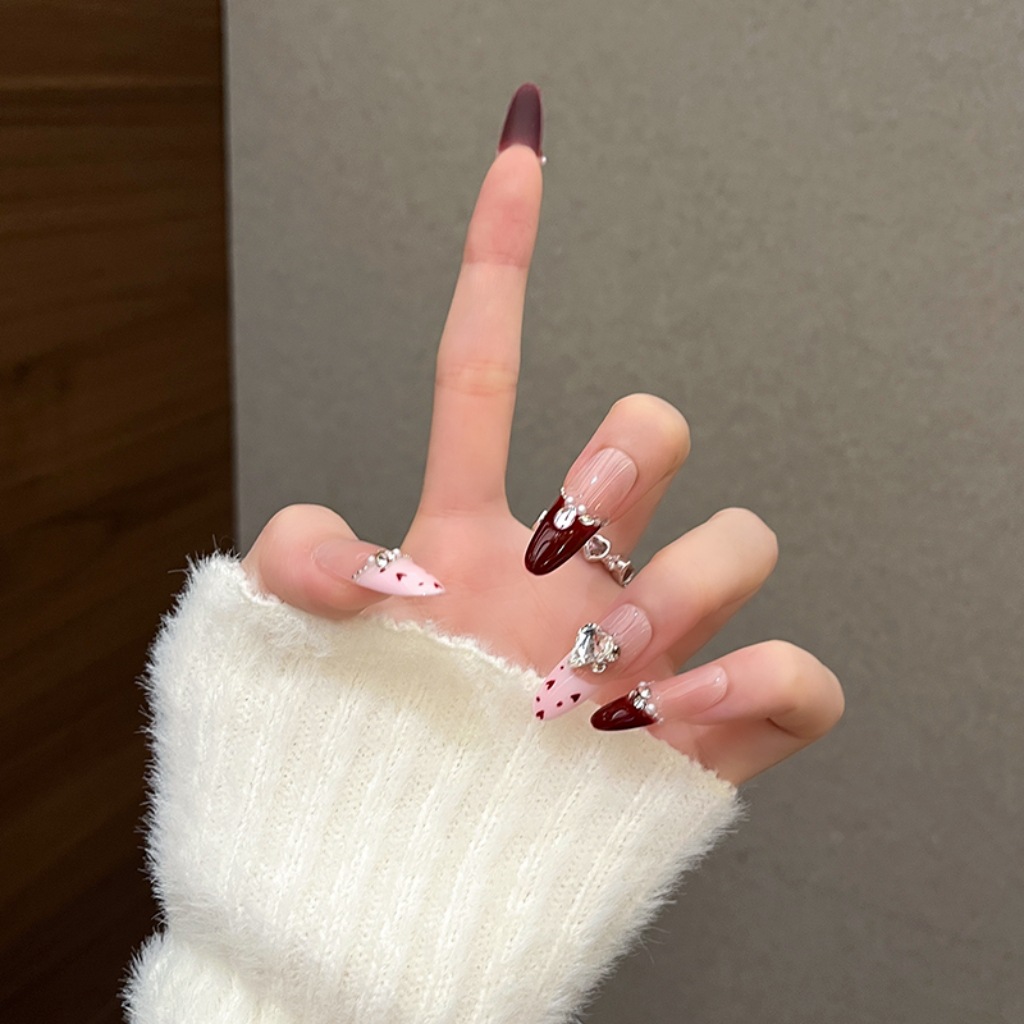Uña roja francesa larga mano de vestir otoño invierno de vestir parches de uñas de uñas falsas sensación de alta calidad