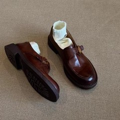 牛皮版~復古真皮英倫風jk小皮鞋女皮帶扣一腳蹬樂福鞋圓頭單鞋秋