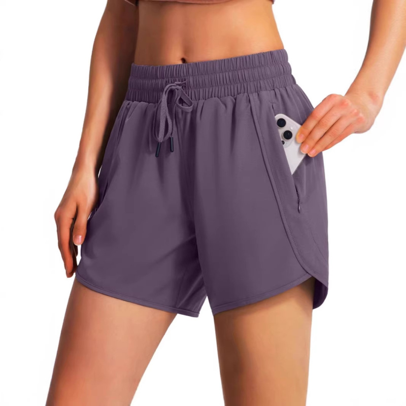 Cross-Border Amazon 5inch Sports Running Shorts Quick-Dry Lightweight Fitness Shorts with Zipper Pockets for Women