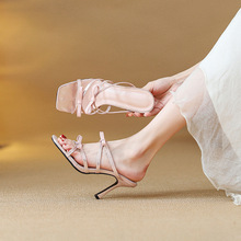 仙女风蝴蝶结粉色细跟高跟鞋甜美方头露趾凉拖鞋外穿配裙子2025年