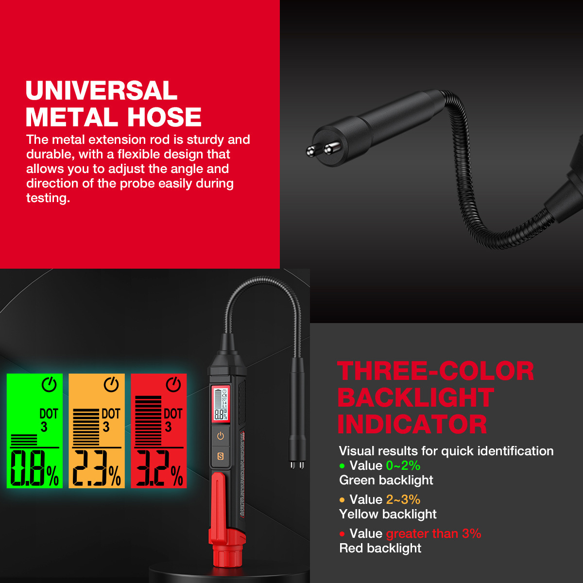 Huabo Ht663L Brake Fluid Tester for Auto Repair Shops, Universal Automotive Tester with Extended Probe, Deep Oil Pot, High Precision