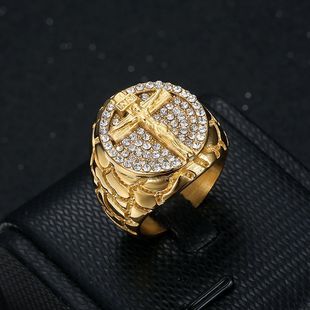 European and American Cross-Border New Hiphop Hip-Hop Ring Titanium Steel Vacuum Gold-Plated Rhinestone Cross Men's Ring