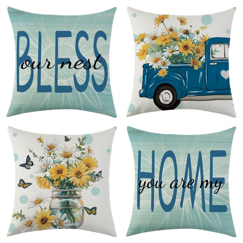 Cross-border Amazon New Spring and Summer Daisy Linen Pillow Case Car Square Sofa Decorative Pillow Case Cushion
