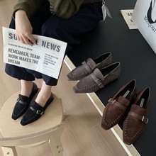 2025年新款复古风尖头秋粗跟厚底增高一脚蹬乐福鞋女单鞋