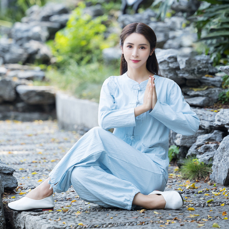 Yoga clothing suit Taiji clothing cotton and linen morning exercise clothing meditation practice two-piece Zen tea clothing spring and autumn women's residential clothing
