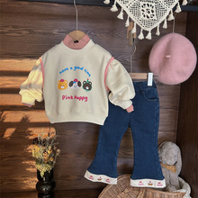 韩版童装2023新款冬季女童套装儿童三只小熊加绒卫衣百搭牛仔裤潮