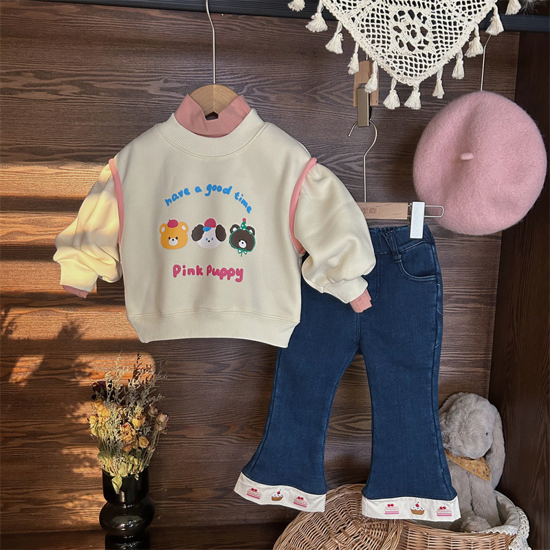 韩版童装2023新款冬季女童套装儿童三只小熊加绒卫衣百搭牛仔裤潮