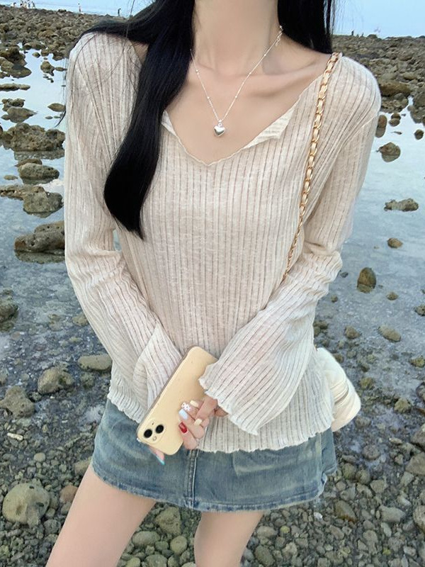 2025新款夏季V领冰丝防晒罩衫木耳边设计感宽松长袖T恤女轻薄上衣|undefined