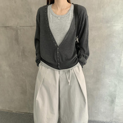 韩系v领单排扣软糯气质羊毛针织开衫女＋无袖背心上衣毛衣两件套