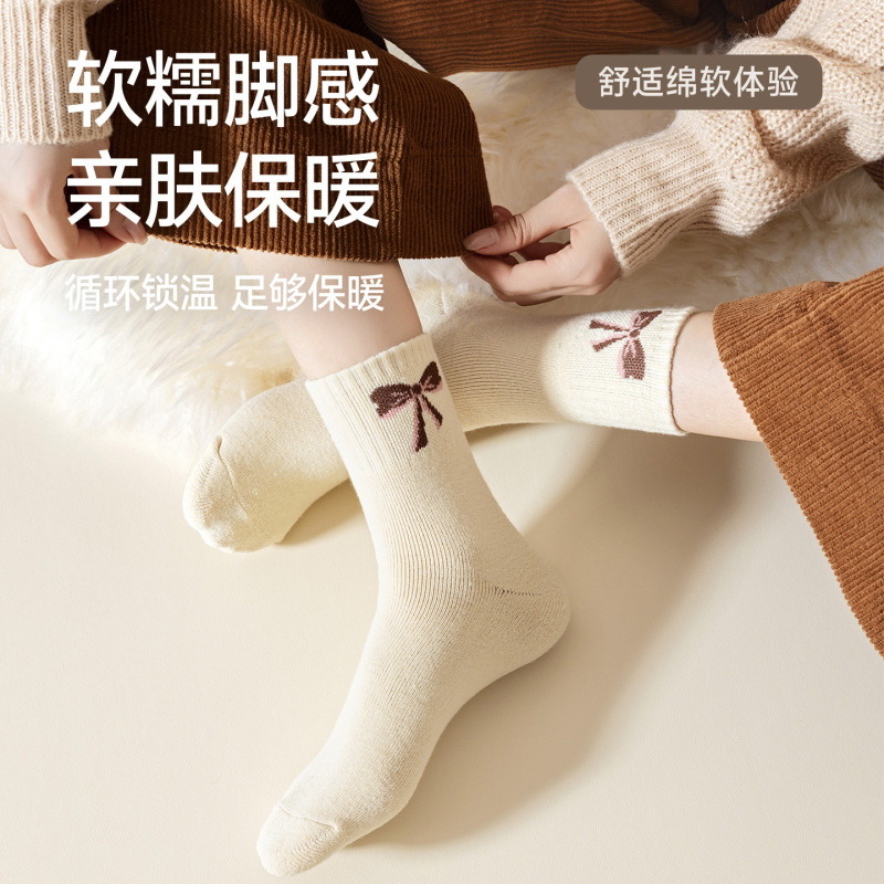 秋冬季女袜保暖袜可爱卡通蝴蝶结图案针织毛圈加厚款袜子批发代发|undefined