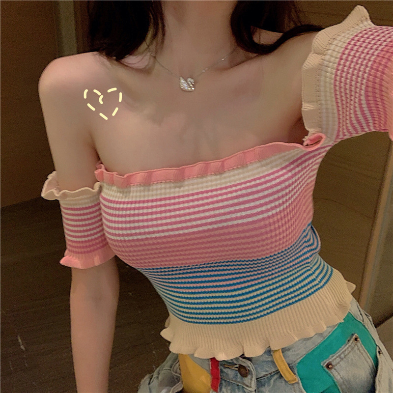 かわいいストライプのオフショルダーニットシャツトップアウターショートへそ出しベスト女性用ワンラインカラー|undefined