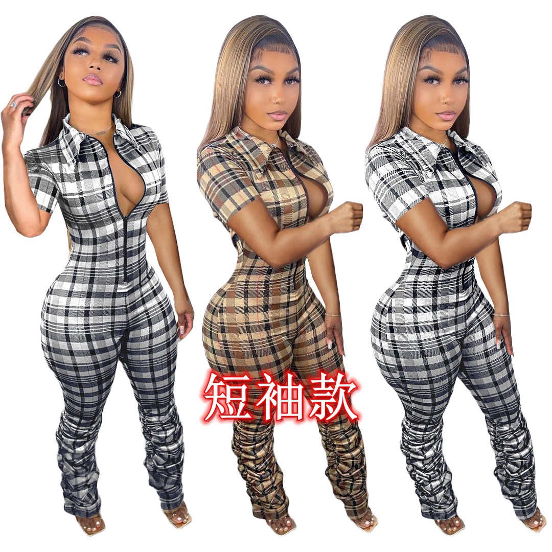 BN230 外贸欧美女装 亚马逊新款 格纹印花修身皱褶拉链短袖连体裤