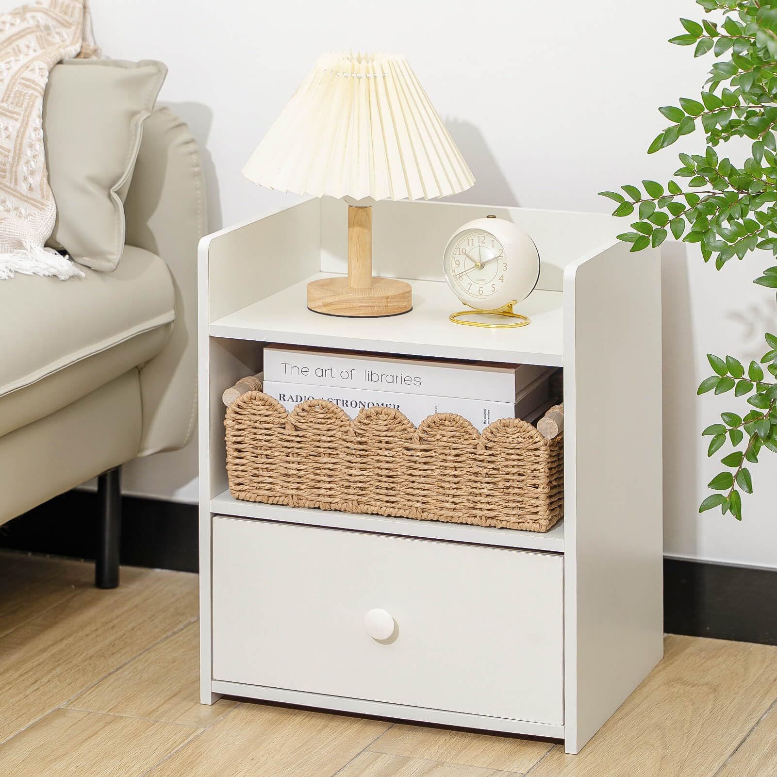 Cesta de almacenamiento de vieira con mango de madera de ratán, caja de almacenamiento de cosméticos clave, canasta de almacenamiento decorativa de escritorio tejida a mano