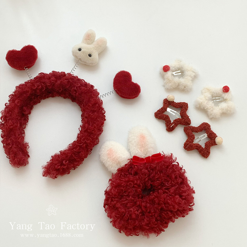 Año Nuevo serie de conejo de peluche rojo conejo de peluche anillo de cabello de dibujos animados casero tocado estrella Liu
