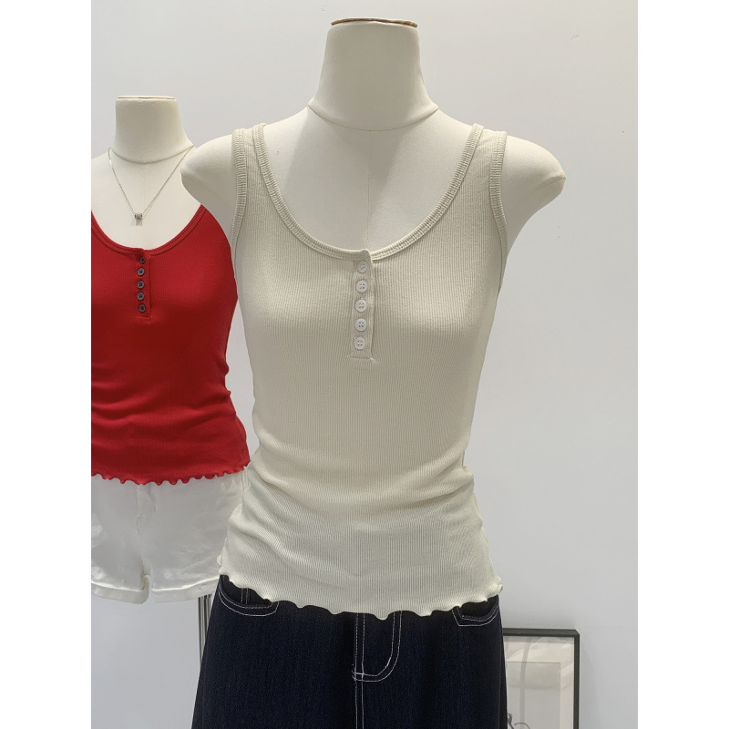 2026 Summer New Style Spicy Girl Outfit with Ruffled U-Neck Buttoned Sleeveless Tank Top for Summer Wear Korean-Style Camisole Women's Clothing 2026 Summer New Style Spicy Girl Outfit with Ruffled U-Neck Buttoned Sleeveless Tank Top for Summer Wear Korean-Style Camisole Women's Clothing