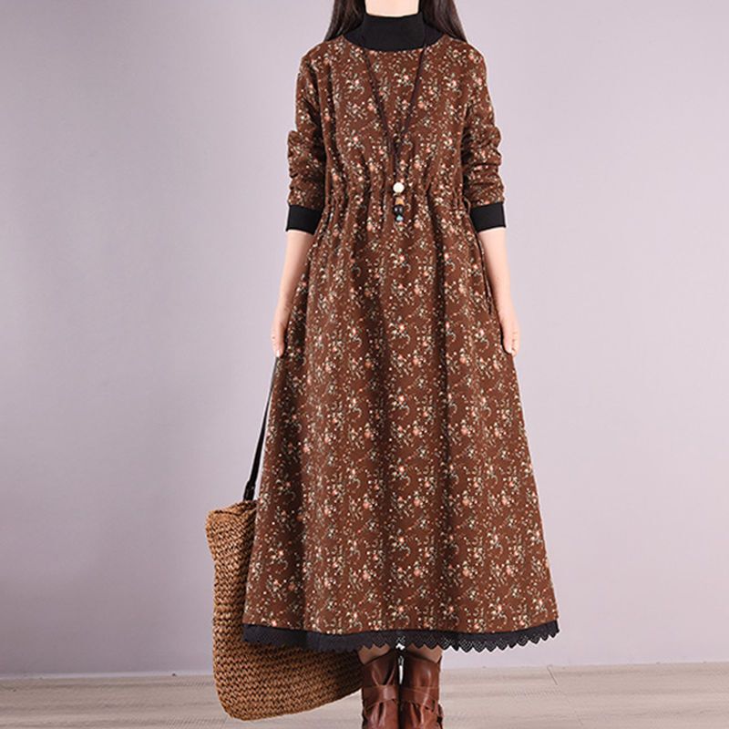 Winter Velvet Dress, Retro Literary Waist Slimming Cotton and Linen Bottoming Skirt, Floral Long-Sleeved Thickeneded Warm Long Skirt Winter Velvet Dress, Retro Literary Waist Slimming Cotton and Linen Bottoming Skirt, Floral Long-Sleeved Thickeneded Warm Long Skirt