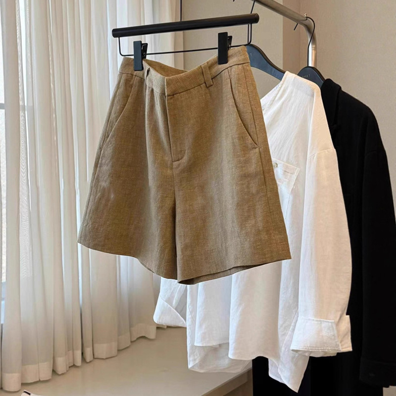 Highly Recommended! Fashionable and Casual High-Quality Old Money Style ~ Khaki Linen High-Waisted Slimming Leg-Lengthening Shorts Highly Recommended! Fashionable and Casual High-Quality Old Money Style ~ Khaki Linen High-Waisted Slimming Leg-Lengthening Shorts