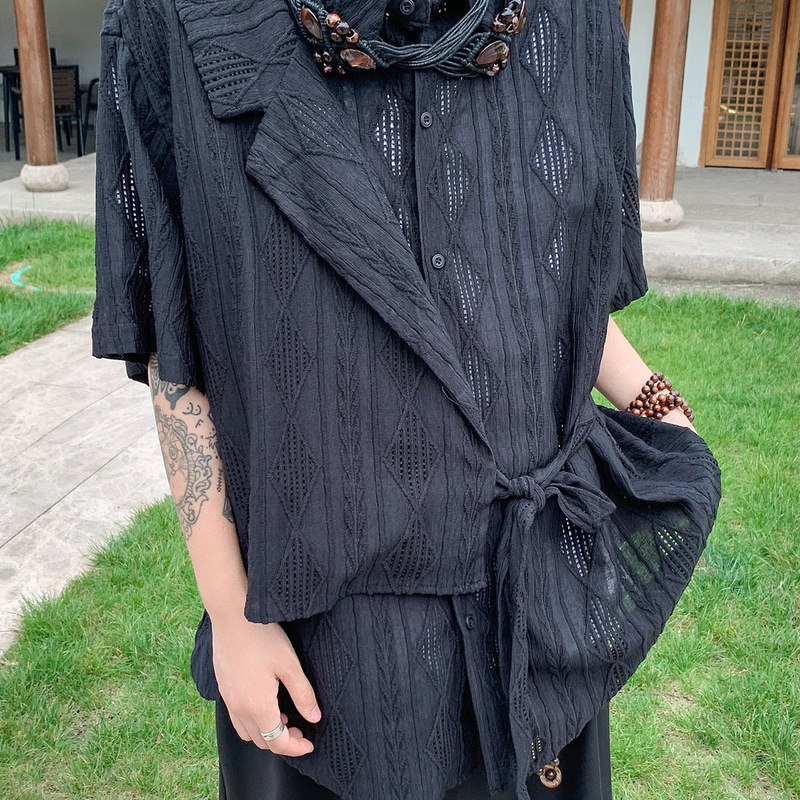 Summer Thin Hollow Knitted Short-Sleeved Shirt Men's Fake Two-Piece Design Niche Casual Trendy Japanese Retro Shirt Summer Thin Hollow Knitted Short-Sleeved Shirt Men's Fake Two-Piece Design Niche Casual Trendy Japanese Retro Shirt