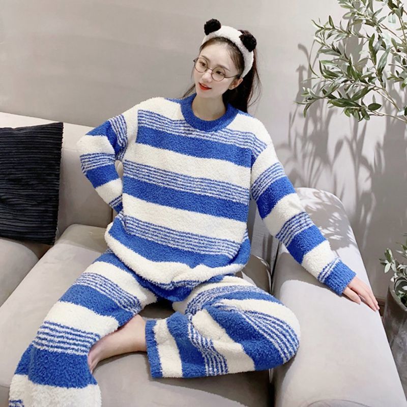 半边绒睡衣女秋冬季新款加绒加厚韩版可爱休闲宽松保暖家居服套装|undefined