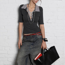 美式假两件蕾丝拼色修身polo领上衣夏季海妖风辣妹短袖