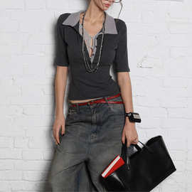 美式假两件蕾丝拼色修身polo领上衣夏季海妖风辣妹短袖