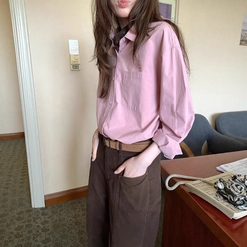 Smoke Pink Commuter Versatile Inner Shirt for Women 2025 Autum New French Style Literary Long-Sleeved Top