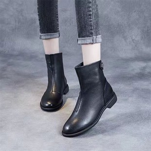 Hot Style] Soft Leather Pointed Low Heel Martin Boots Women's 2024 Winter New Comfortable Slimming Short Boots Rear Zipper Boots