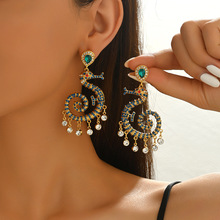 跨境鎏金海马耳饰蓝绿宝石与锆石交错奢华垂坠流苏高级复古宫廷女