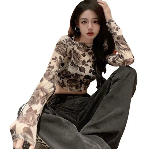 Spring and Summer New Retro Unique Fashion Small Floral Versatile Slimming Waist-Tightening Long-Sleeve T-Shirt for Women