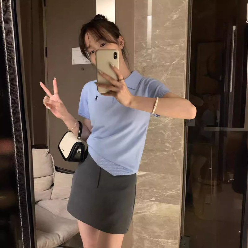 Korean-Style Polo Collar Small Horse Embroidery Knit Pullover Short-Sleeve Top for Women Trendy Navy Blue Gray Organic Cotton