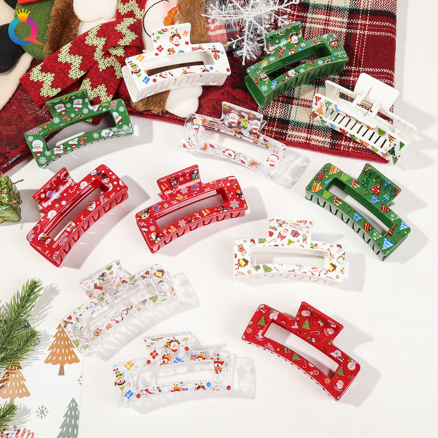 奇阅跨境圣诞节发夹女可爱甜美印花盘发发抓鲨鱼夹抓夹子发饰批发