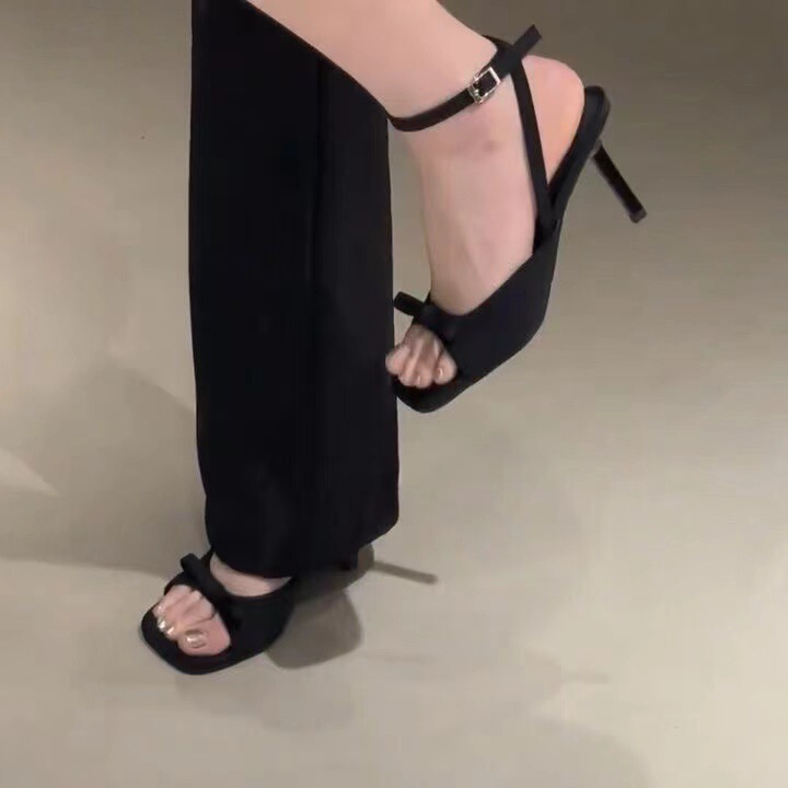 2025 Spring and Autumn New Lady Style Bow Square Toe High Heels Open Toe Outerwear Women's Slippers