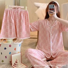 国境を越えた人気の夏半袖ショーツパジャマスリーピースカーディガンラペルレディースパンツホーム服外国貿易卸売