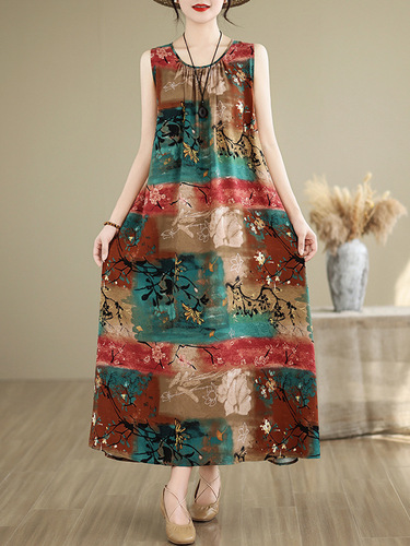 New style seaside vacation style waist waist sleeveless cotton silk dress for women's large size to show slimming and fat mm beach suspender long skirt