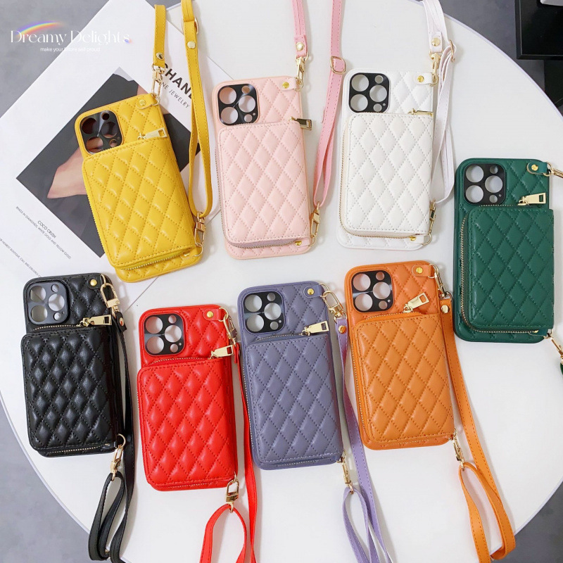 Suitable for Iphone17Promax Zipper Card Holder Phone Case Samsung S25 Small Chanel-Style Shoulder Strap Protective Leather Case