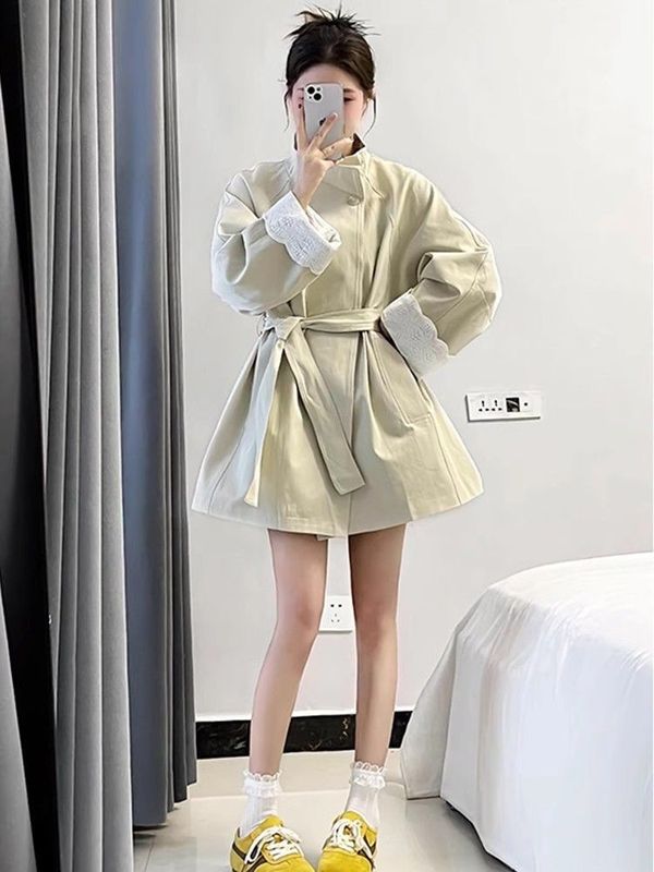 2025春秋款韩版蕾丝袖口设计风衣显年轻百搭通勤气质风简单风衣|undefined