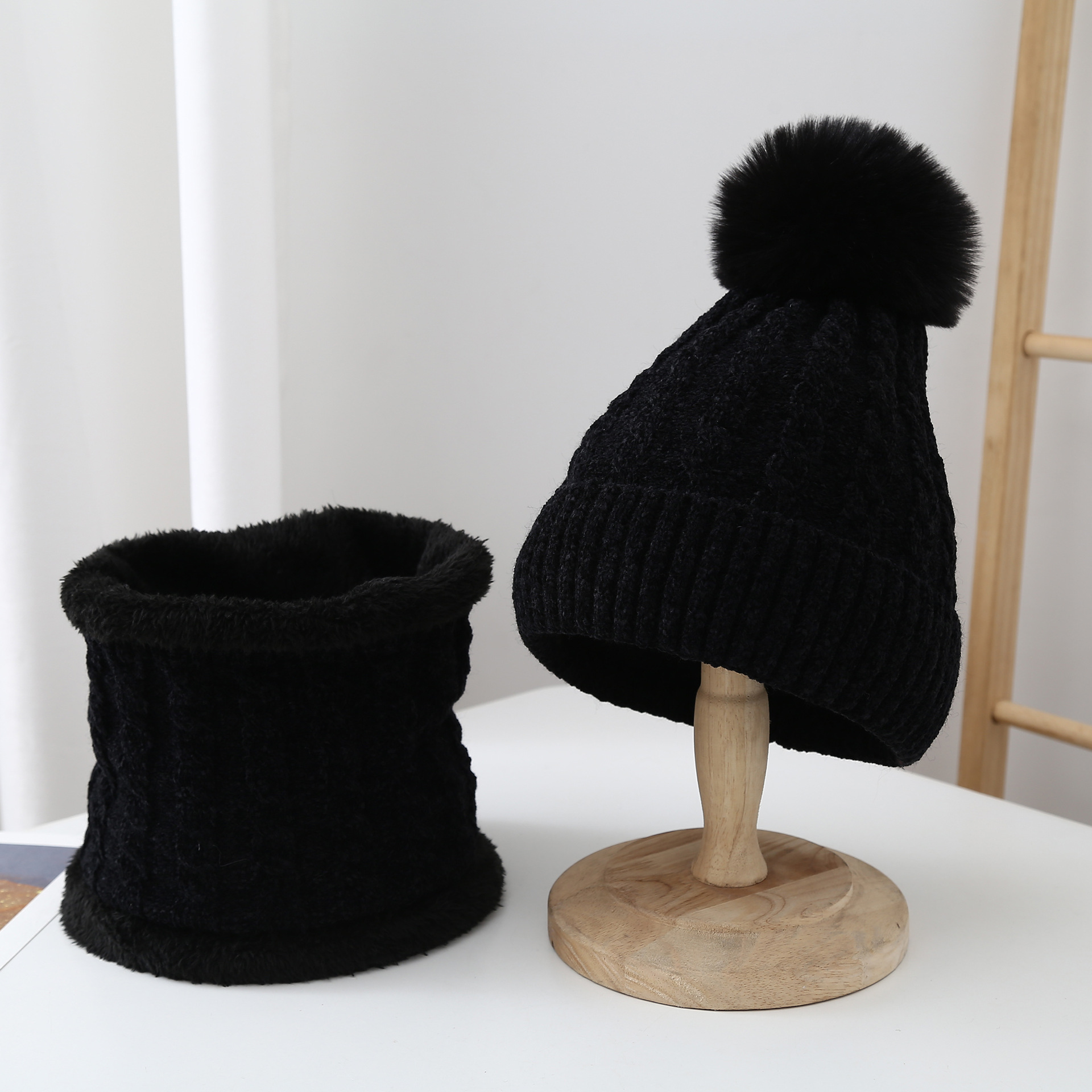 Sombrero bufanda mujer invierno versátil forro polar sombrero de punto bufanda conjunto de dos piezas Otoño e Invierno color sólido sombrero de lana image 6
