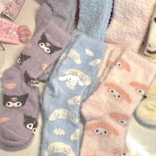 Sanrio mink velvet socks autumn and winter warm home floor socks thick sleeping moon socks jade cinnamon dog cute
