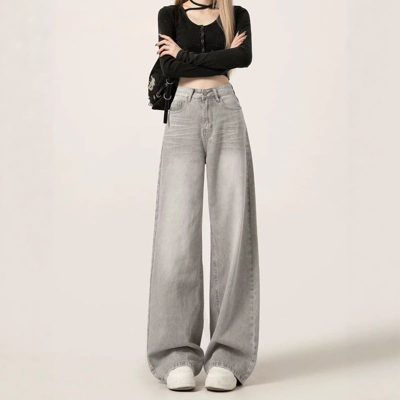 American Retro Gray Wide-Leg Jeans for Women, New Spring Style, High-Waisted, Loose Fit, Slimming, Drapey, Floor-Length Straight Pants
