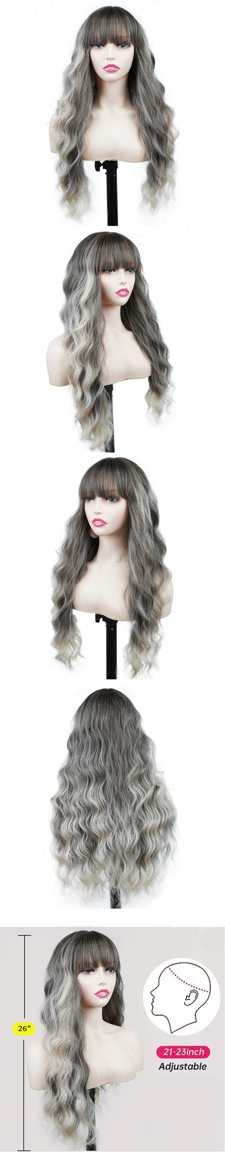 Synthetische Perücke, Chemiefaser-Perücke, komplettes Set, Farbverlauf, grau, gerader Pony, tiefe Welle, lange lockige Haarperücken_voghion.com