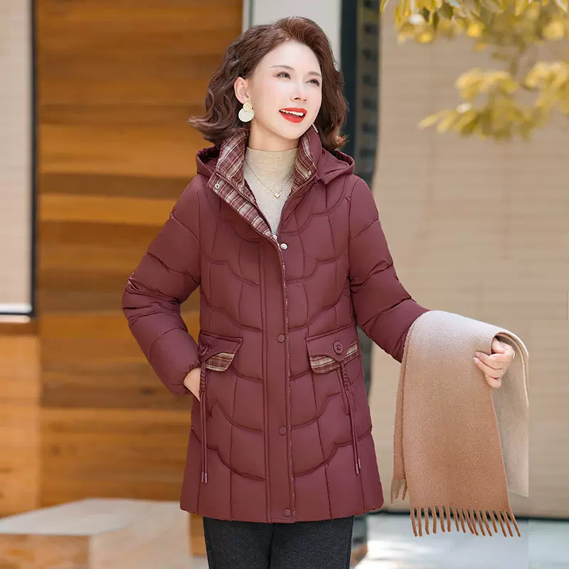 妈妈棉服女中长款连帽加绒加厚棉衣时尚宽松保暖洋气冬季棉袄外套